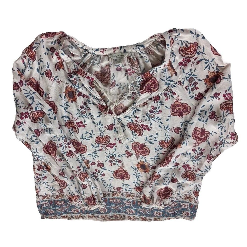Lucky Brand Women Medium Paisley Floral Red Tassels Strings Long Sleeve Blouse